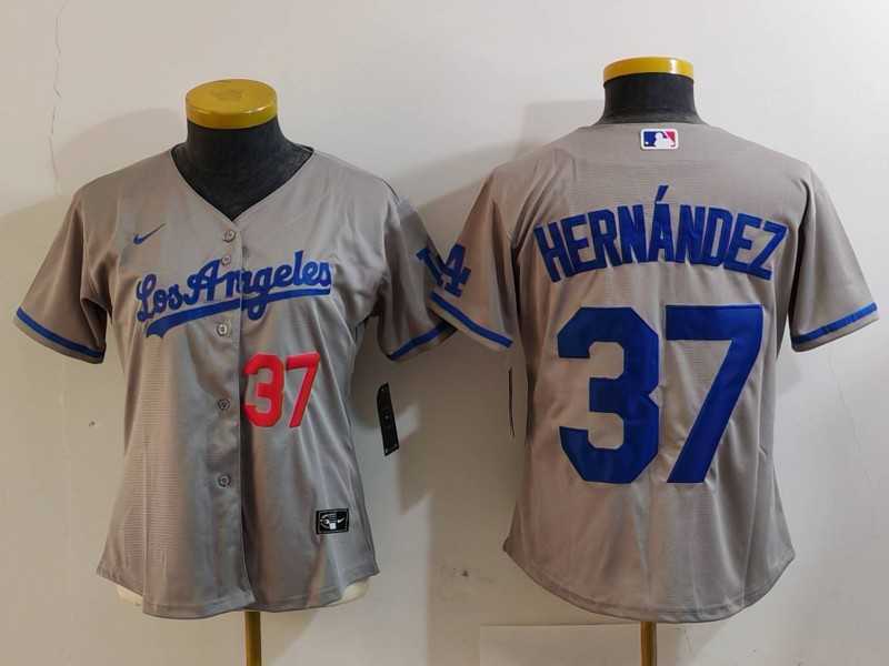 Womens Los Angeles Dodgers #37 Teoscar Hernandez Number Grey With Los Cool Base Stitched Jersey->mlb womens jerseys->MLB Jersey